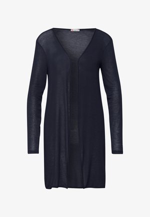 Langærmet, åben-foran, mørkeblå let cardigan med V-hals og uden knapper, lavet af halv-gennemsigtigt stof.