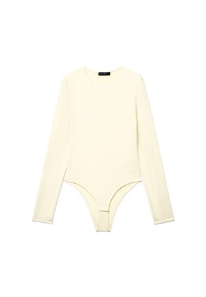 Body color crema a maniche lunghe con scollo rotondo e chiusura a pressione all’altezza del cavallo, disteso su sfondo bianco.