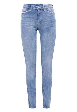 Lichtblauwe high-waisted skinny jeans met lichte vervaging en subtiele distressed details, voorste knoop, ritssluiting en vijfzakkenontwerp.