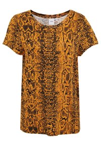 Krótki rękaw żółtej koszulki z nadrukiem czarnego węża, okrągły dekolt i luźny krój. Miękka tkanina o teksturowanym wyglądzie.