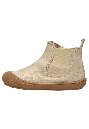 Bottines dorées à paillettes avec une finition en daim doux, des panneaux latéraux élastiques et des semelles en caoutchouc avec un motif de grip texturé.