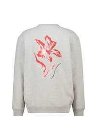 Gray sweatshirt featuring a large red floral graphic on the back, with text below the design, in a relaxed fit and soft fabric.