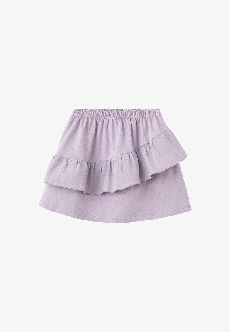 Jupe violet clair avec taille élastique et détail de volants en diagonale à l'avant, en tissu doux.