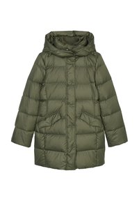 Olijfgroene donsjas met capuchon, voorzien van een doorgestikt ontwerp, drukknoopsluiting en twee zijzakken. Gladde, glanzende stoftextuur.