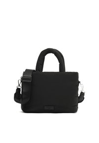 Borsa a spalla nera imbottita con doppi manici, tracolla regolabile e tessuto liscio; presenta un piccolo logo sul fronte.