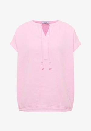 Jasnoróżowa bluzka z krótkim rękawem, dekoltem w serek, regulowanym ściągaczem i elastycznym dołem.