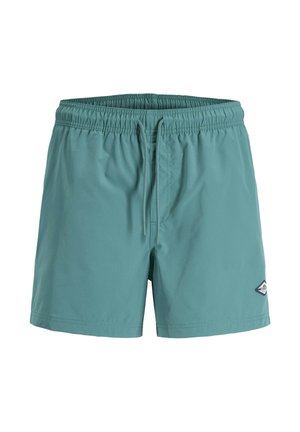 Shorts de bain pour hommes couleur sarcelle avec taille élastique, cordon de serrage ajustable et petite étiquette logo sur la jambe gauche.