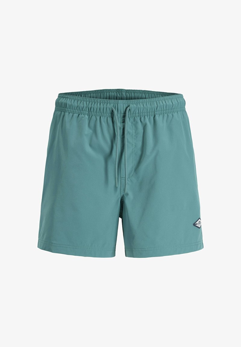 Shorts de bain pour hommes couleur sarcelle avec taille élastique, cordon de serrage ajustable et petite étiquette logo sur la jambe gauche.