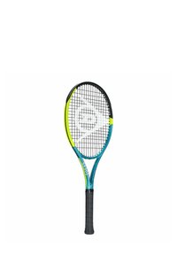 Tennisracket met een turquoise frame, zwarte grip, gele accenten en een gemêleerd snarenbed. Ovale vorm met een gestructureerde handgreep.