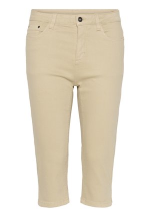 Beige capri pants made of soft fabric, featuring a classic five-pocket design, visible stitching, and a metal button closure.