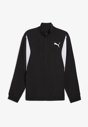 Black athletic jacket with a high collar, full zip, white side panels, and elasticized cuffs. Features a white Puma logo on the left chest.