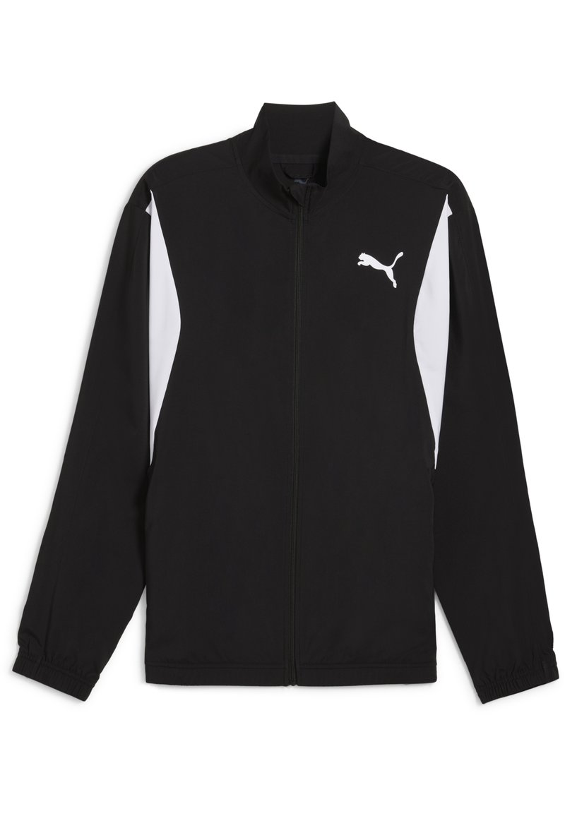 Sort atletisk jakke med høj krave, fuld lynlås, hvide sidepaneler og elastiske manchetter. Har et hvidt Puma-logo på venstre bryst.