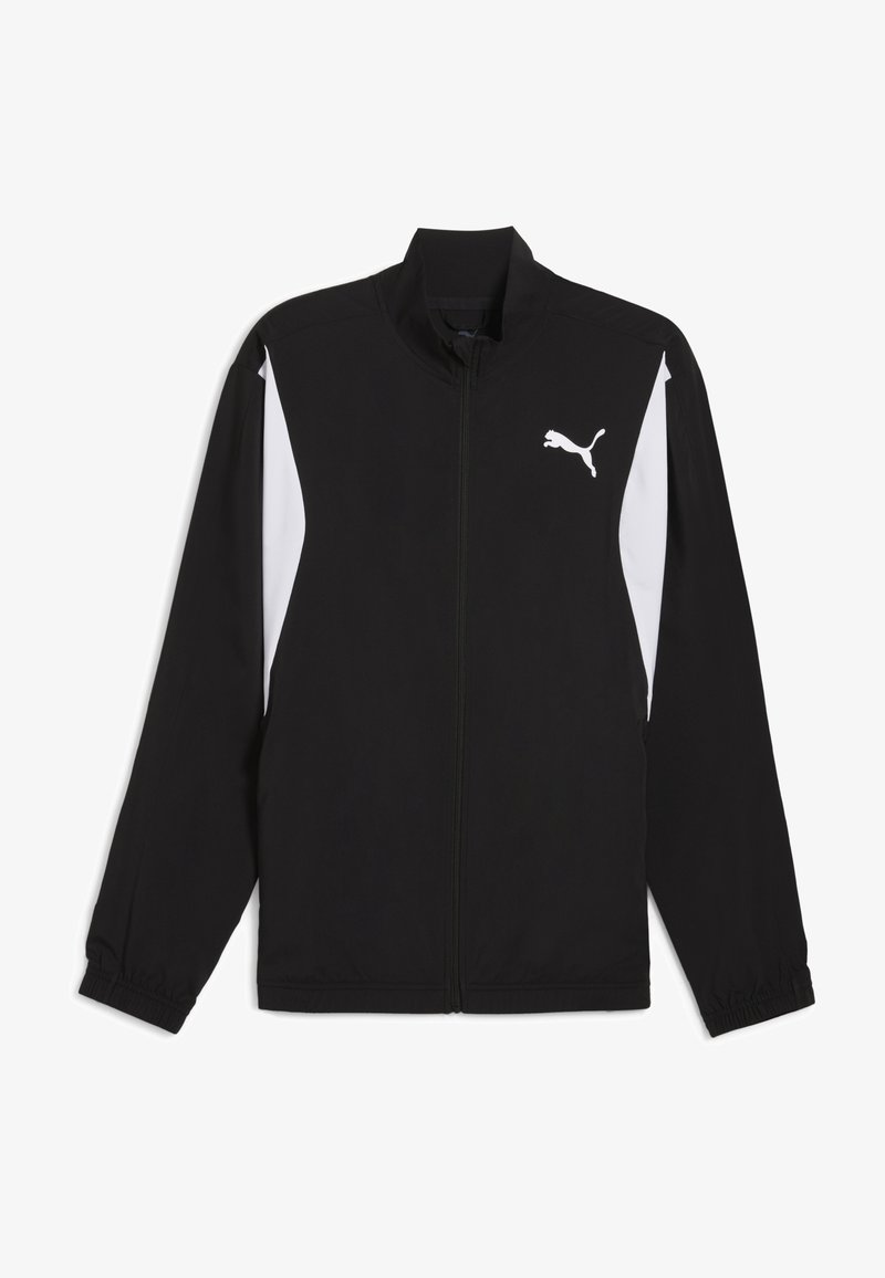 Sort atletisk jakke med høj krave, fuld lynlås, hvide sidepaneler og elastiske manchetter. Har et hvidt Puma-logo på venstre bryst.