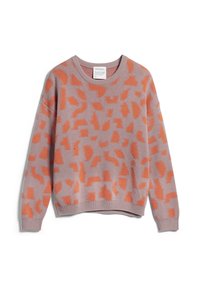Strickpullover in Hellpurpur mit orangefarbenem abstraktem Muster. Verfügt über einen runden Ausschnitt sowie ribbelte Manschetten und Saum. Weiche Textur, lässige Passform.