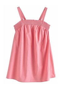 Lys pink, ærmeløs top med en smocket liv og tynde stropper, der har en løs pasform og glat tekstur.
