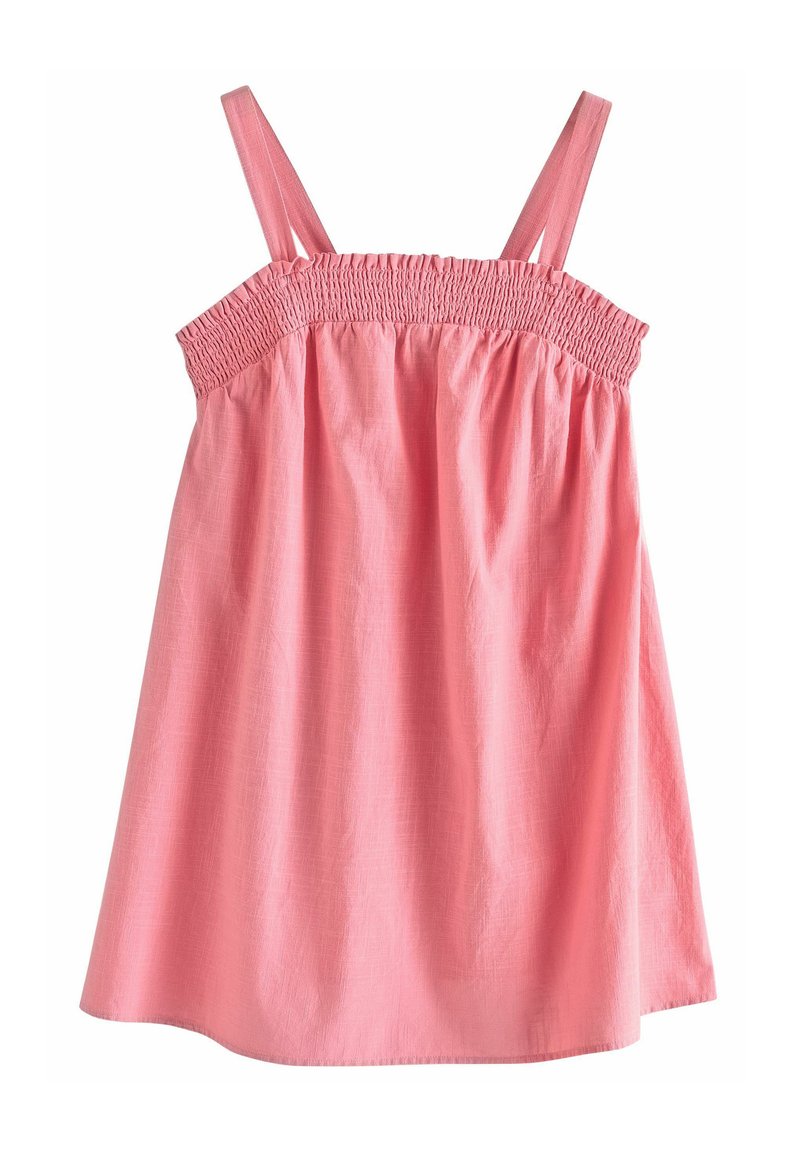 Lys pink, ærmeløs top med en smocket liv og tynde stropper, der har en løs pasform og glat tekstur.