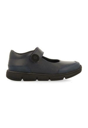 Zapatos Mary Jane en piel de color azul marino oscuro con punta redondeada, correa ajustable y paneles texturizados; suela de goma negra.
