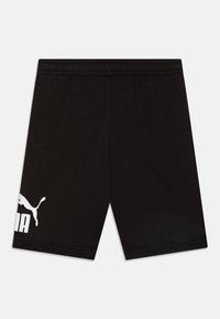 Μαύρες βερμούδες από απαλό ύφασμα, με ελαστική ζώνη και μεγάλη λευκή λογότυπο Puma στη αριστερή πλευρά.