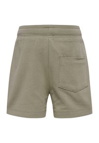 Olivgrön bomullsshorts med resårmidja, flatlåsningsömmar och en bakficka på högra sidan.