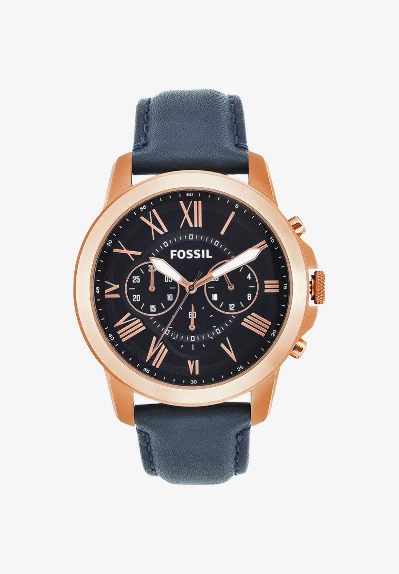 Montre-bracelet homme Fossil avec boîtier en or rose, cadran noir avec chiffres romains, trois sous-cadrans, et bracelet en cuir noir, affichant 10:09:36.
