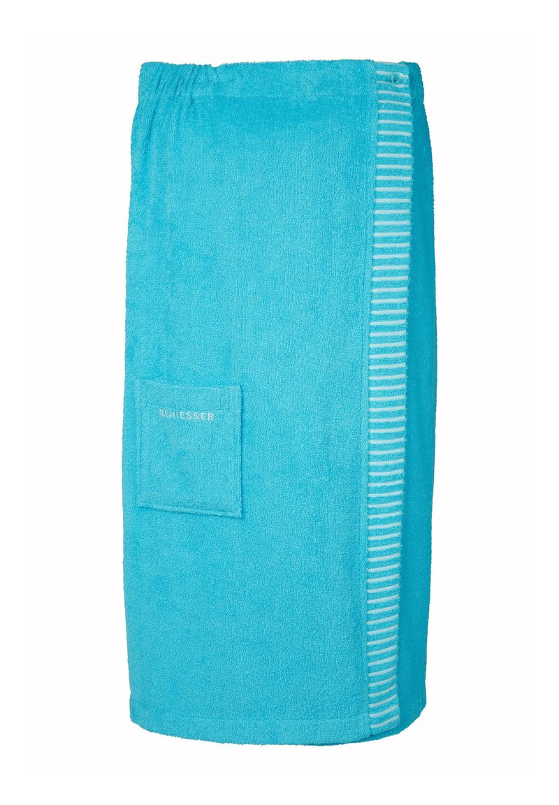 Türkiser Frottee-Handtuchumhang mit elastischem Bund, ausgestattet mit einer seitlichen Tasche und vertikalen Streifenakzenten auf der rechten Seite.
