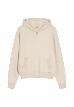 Beżowa bluza z kapturem na zamek, z przednimi kieszeniami, ściągaczami na rękawach i dole, o luźnym kroju z przymocowanym kapturem.