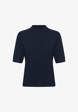 Sweater à manches courtes avec col montant en texture côtelée bleu marine foncé, présentant un design ajusté avec une finition lisse et des coutures régulières.