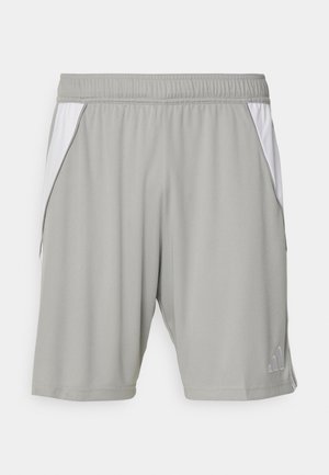 Gray athletic shorts made of lightweight fabric, featuring white side panels, an elastic waistband, and a small logo in the lower corner.