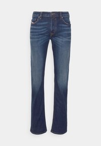 Jeans in denim blu con un design a gamba dritta, lavaggio sbiadito e dettagli di cucitura sottili. Presentano un classico stile a cinque tasche e chiusura con bottoni.