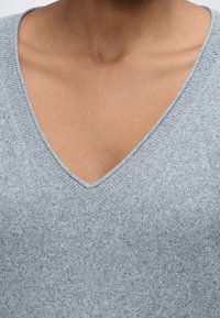 Gros plan d'une personne portant un pull gris clair à col en V, montrant son cou et le haut de sa poitrine.