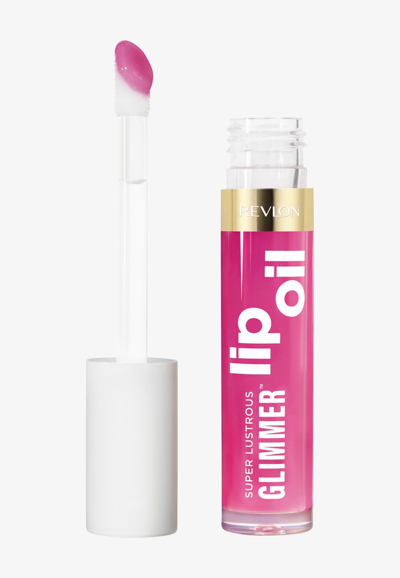 Olio per labbra rosa in un tubo trasparente con etichetta dorata. Presenta un applicatore bianco con punta morbida per un'applicazione facile.