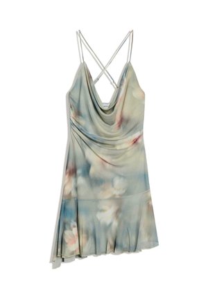 Sukienka bez rękawów z cienkimi ramiączkami skrzyżowanymi na plecach, z dekoltem w draperię i delikatnym kwiatowym gradientem w pastelowych kolorach.
