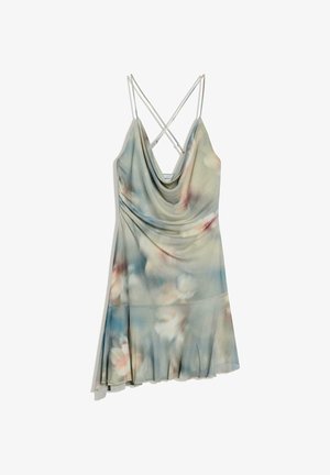 Sukienka bez rękawów z cienkimi ramiączkami skrzyżowanymi na plecach, z dekoltem w draperię i delikatnym kwiatowym gradientem w pastelowych kolorach.
