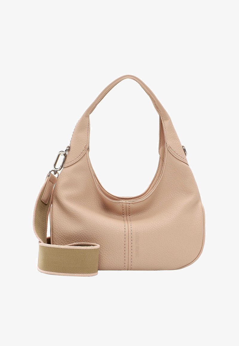 Gaiši rozā ādas pleca soma ar izliekta formu, teksturētu virsmu un noņemamu siksnu. Iezīmē minimālu šuvju skaitu un gludu apdari.