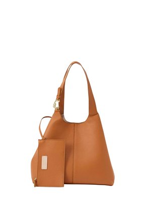 Sac cabas en cuir marron avec une pochette détachable assortie, doté de ferrures dorées et d'une bandoulière unique.