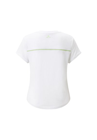 White short-sleeve t-shirt with a rounded neckline, featuring a green horizontal stripe across the upper back and a logo above it.
