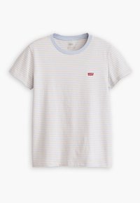 Randig t-shirt i ljusblått och gult, med ribbad halsringning och liten röd Levi's-logotyp på vänster bröst. Mjuk bomullsmaterial.