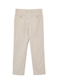Pantaloni beige in velluto a coste con gamba dritta, due tasche posteriori con chiusura a bottone e un motivo di tessuto texturizzato.