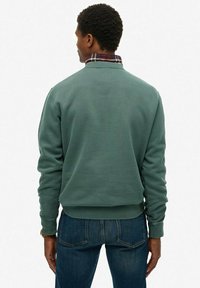 Zielona bluza z teksturowanej tkaniny, z prążkowanymi mankietami i pasem. Posiada koszulę w kratę na dole, noszona z niebieskimi dżinsami.
