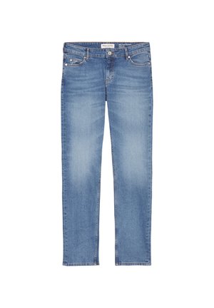 Light blue straight-leg jeans made from denim, featuring a classic five-pocket design, belt loops, and a zip-fly closure.