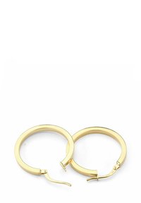 Zlaté kruhové náušnice s hladkým, lešteným povrchom. Kruhový tvar so spínaním a tenkým, plochým dizajnom. Žiadne viditeľné vzory ani textúry.