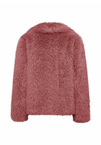 Giacca in pelliccia sintetica color rosa polveroso con una texture morbida e soffice. Presenta un colletto e maniche lunghe, progettata per calore e comfort.