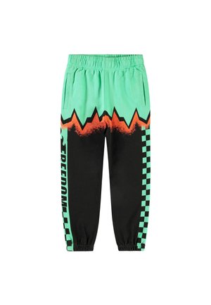 Green and black sweatpants with an orange zigzag pattern, checkerboard accents, and elastic waistband; features side pockets.