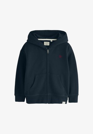 Tumesinine lukuga kapuutsiga dressipluus esiste taskute, kapuutsi, vasakul rinnal väikese tikitud logoga ja kangasildiga alumise ääre lähedal.