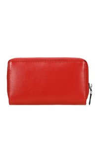 Rood leren portemonnee met een gladde textuur, rechthoekige vorm, ritssluiting en contrasterende zilveren hardware.