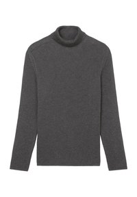 Dunkelgrauer Rollkragenpullover aus gerippter Stoffqualität, mit einer figurbetonten Passform und langen Ärmeln, sowie einem hohen Kragen für zusätzlichen Schutz.