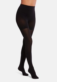 Collant neri opachi con un design a vita alta, texture liscia e finitura senza cuciture. Le gambe presentano un effetto trasparente fino alla vita.