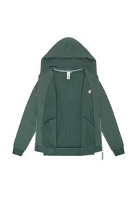 Felpa verde con zip, foderata in morbido pile. Presenta un grande cappuccio, due tasche anteriori e polsini a costine. Design semplice, senza fantasie.