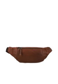 Marsupio in pelle marrone con forma rettangolare, chiusura con zip e strap regolabile. Superficie testurizzata con dettagli di cucitura.