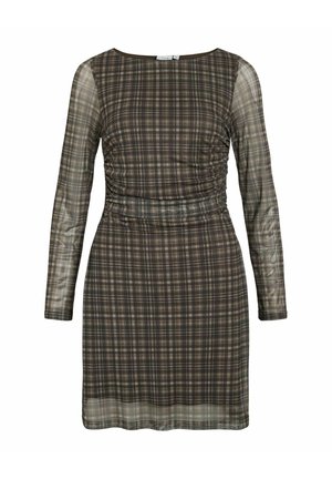 Brown plaid dress with long sheer sleeves, ruched detailing at the waist, and a boat neckline. Fabric features a light translucent texture.